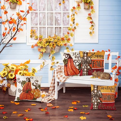 Set of 4 Fall Pumpkin Throw Pillow Covers 18x18in
