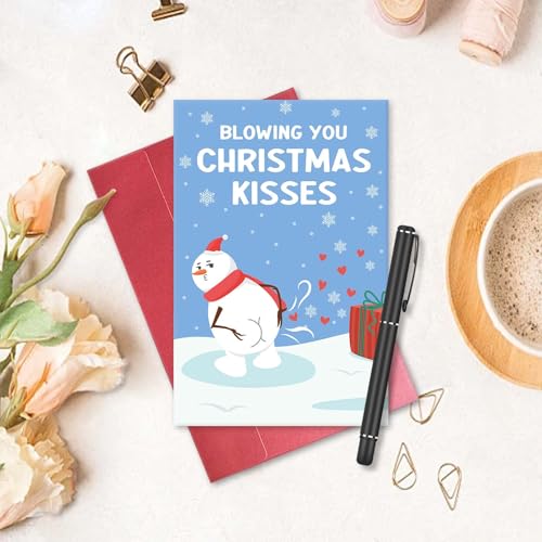 Funny Christmas Card with Snowman Blowing Kisses - Humorous Holiday Greeting
