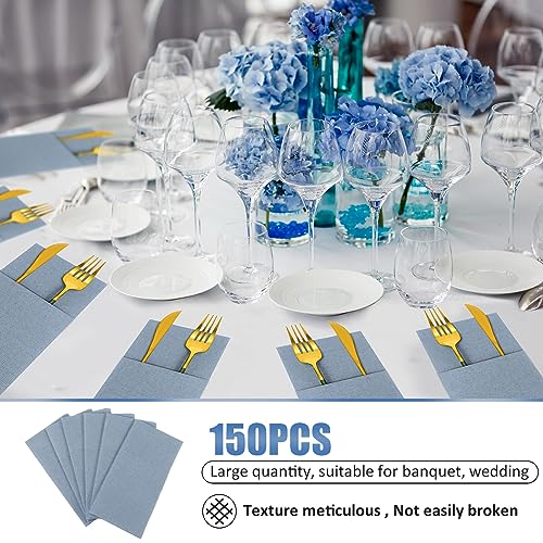 150 Dusty Blue Linen-Like Disposable Napkins for Weddings & Events - Pre Folded with Pocket