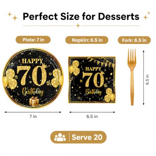 70th Birthday Party Supplies Set - 7-inch Plates, Napkins & Forks, 20 Pack