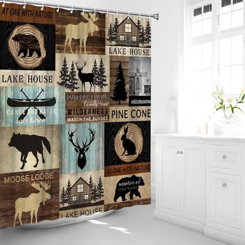 Rustic Cabin Shower Curtain 70" x 70" - Bear & Deer Design for Bathroom