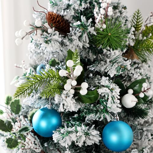 Elegant 24 Pcs Christmas Floral Picks Snowy Pine Cones Holly Greenery Holiday Decor