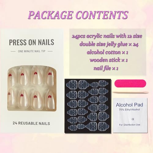 OHWODA Short Almond Press on Nails Red Heart Valentine Fake Nails