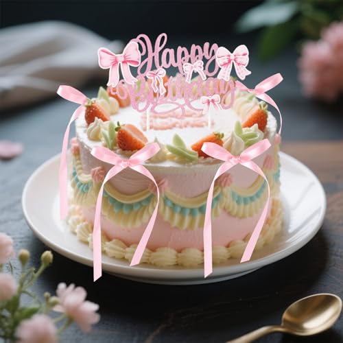 Retro Bow Cake Topper Set with Happy Birthday Sign - 10 Pieces