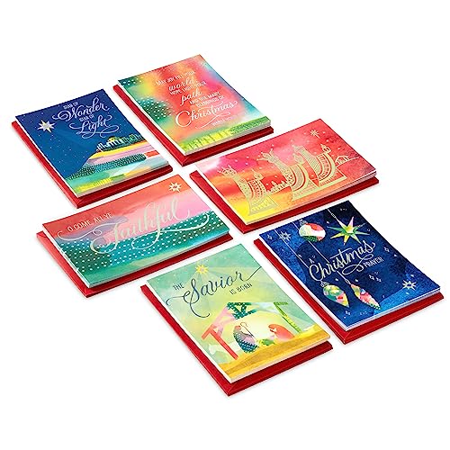 Religious Star of Wonder Christmas Card Assortment - Pink, Blue, Yellow, Green, Orange - 36 Cards & Envelopes
