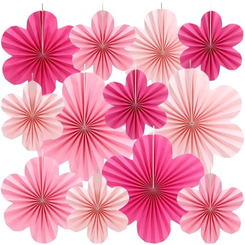 JULBEAR 12pcs Pink Paper Fans Hanging Ornaments for Party Decorations