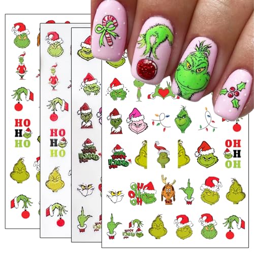 Christmas Nail Art Stickers - 4 Sheets 5D Self-Adhesive Winter Green Monster Decals