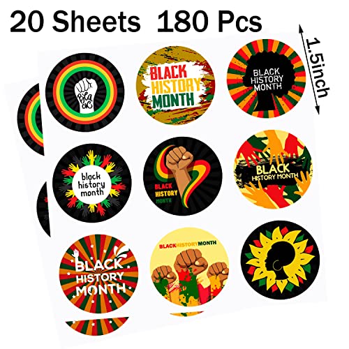 20 Sheets Black History Month Stickers - 180 Round Decals for Party Favors