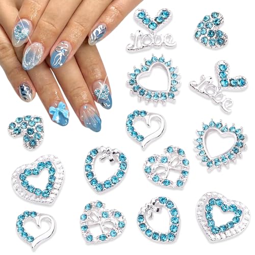 Valentine Nail Charms 14Pcs 3D Heart Bow Rhinestone Alloy Gems