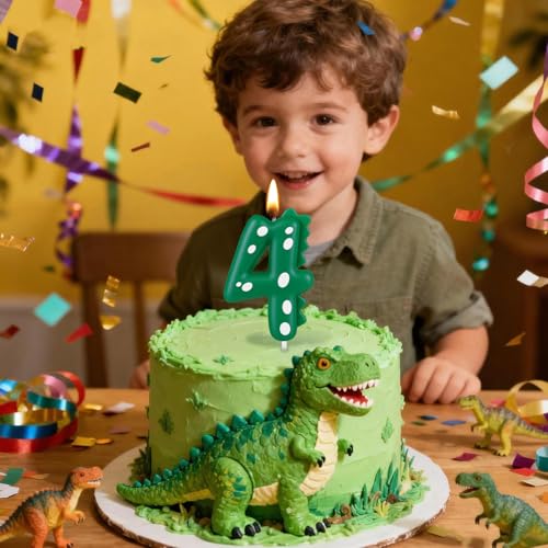 Dinosaur Number 4 Birthday Candle - Vibrant Green Cake Decoration