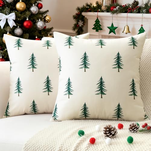 Christmas Pillow Covers 18x18 Inch Set of 2 Green Double Sided Tree Decor