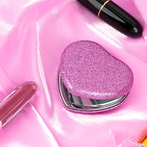 Biiange Heart-Shaped Compact Folding Travel Mirror, Bling Purple