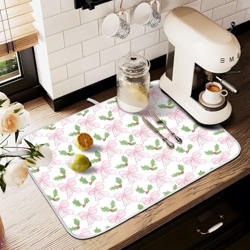 Pink Bow Dish Drying Mat - Absorbent Kitchen Drainer 18"x16"