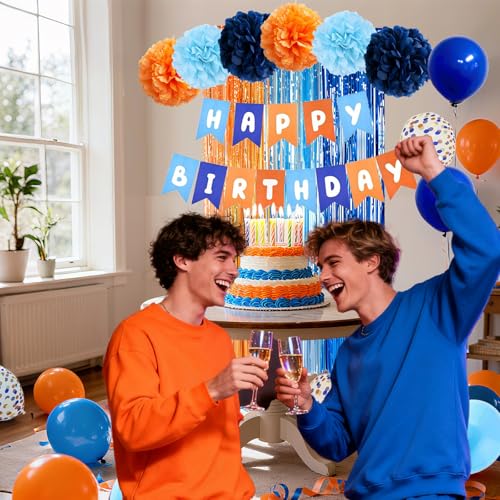 Blue and Orange Party Decorations Set with Balloons Banner Pompoms Fringe Curtain