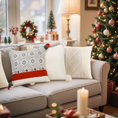 RICHIE 18x18 Inch Knitted Throw Pillow Covers - Set of 2, Cozy Christmas Decor for Sofa & Bedroom, White Diamond Grid