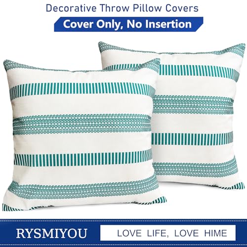 Teal Blue Boho Striped Throw Pillow Covers 16x16 Set of 2 Linen