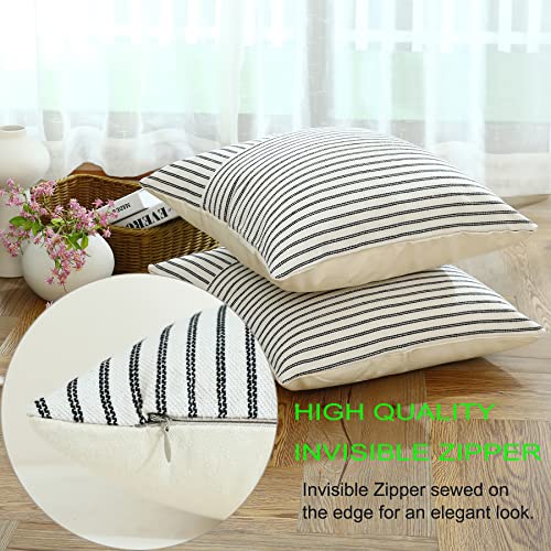 Farmhouse Striped Throw Pillow Covers 18x18 Inch, Set of 2 - Black