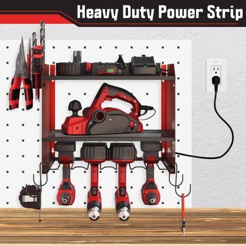 Power Tool Organizer Wall Mount with Charging Station - 4 Drill Holder with 8 Outlet Power Strip - Garage Organizer Tool Storage Rack by Stalwart