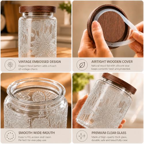 Custde 23.7 oz Vintage Sunflower Glass Jar with Airtight Wooden Lid