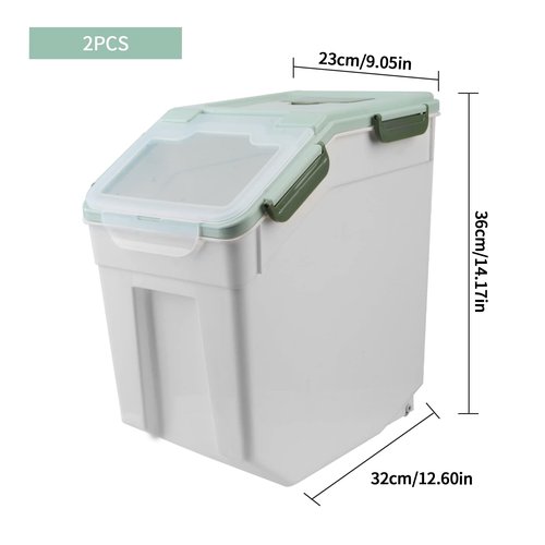 AnRui Airtight Flour Storage Container 25lb, Plastic Grain Storage Bucket, Rice Cereal Dispenser Organizer Box with Lid, Cat Dog Food Storage Bin with Measuring Cup, Scoop, Wheels, 2Pcs Green