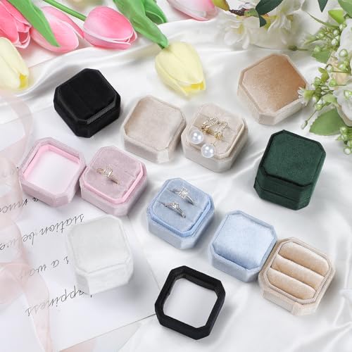 Champagne Velvet Ring Box - Octagon Jewelry Holder for Weddings