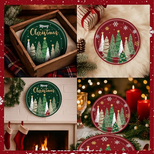 Christmas Paper Plates 9 Inch & 7 Inch Set of 50 Red Green Holiday Party Supplies