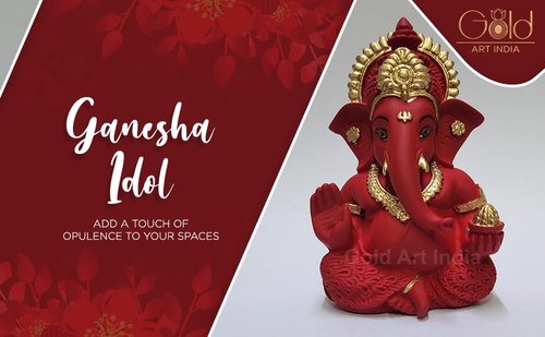 Gold Art India Mukut Ganesha Idol for Car Dashboard Maroon Red and Gold Small Ganesha Murti Ganpati Idol for Home Decor Puja Lord Ganesh Statue Gift for Office Desk Puja Room Figurine