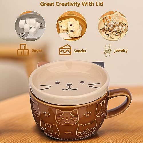 Brown Ceramic Cat Coffee Mug with Lid, Cute Gift for Cat Lovers