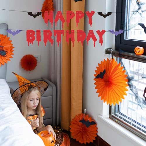 Halloween Happy Birthday Banner with Bat Cutouts - Spooky Decor