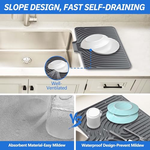 Dish Drying Mat with Drain Lip - 14.7x10.2 Inch Grey Silicone Pad