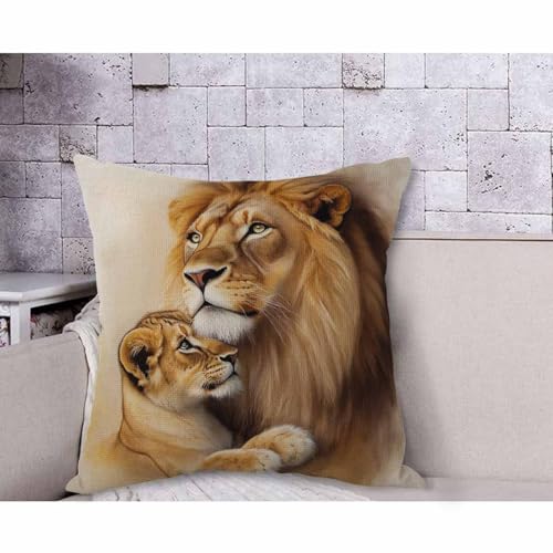 AOYEGO Lion and Cub Throw Pillow Cover - 18x18 Inch Cotton Linen Cushion