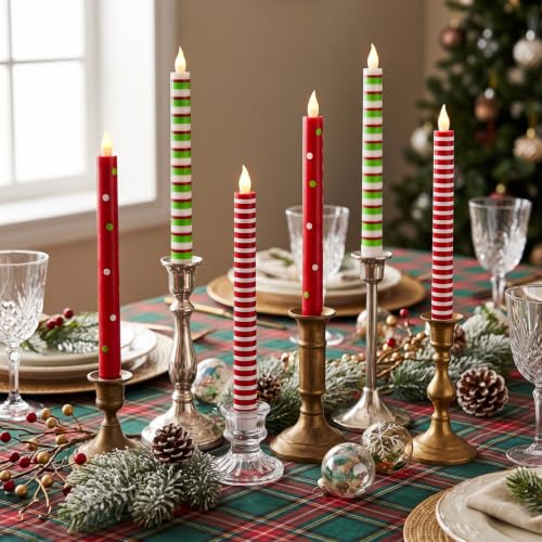 Christmas Flameless Taper Candles Set - Striped & Dots, 10.6 Inch, 6 Pack