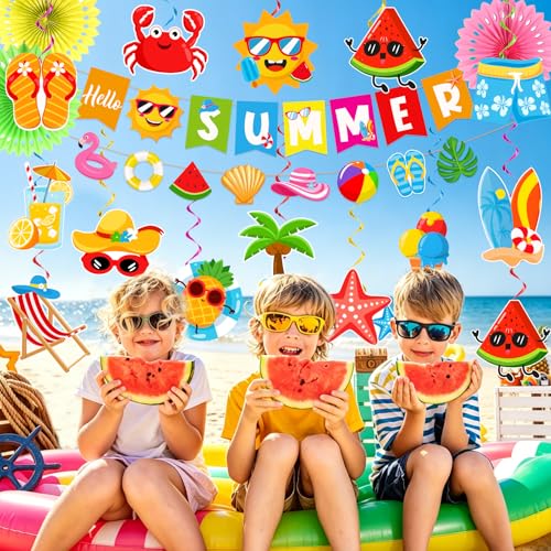 Summer Party Decorations Set with Banner, Garlands, Swirls & Paper Fans