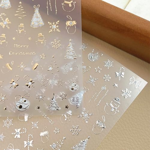 TENOC Christmas Nail Art Stickers, 3D Metallic Decals 2 Pcs Gold & Silver