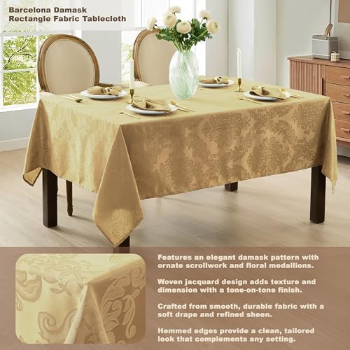 Newbridge Barcelona Damask Tablecloth 144x60 Inch Gold - No Iron, Soil Resistant