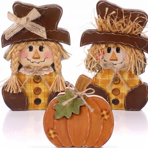 Colingmill 3 Pcs Rustic Fall Scarecrow and Pumpkin Wooden Tabletop Decor Set