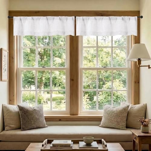 Natural Faux Linen Valance Curtain 52"W x 14"L - 3D Wave Line Design