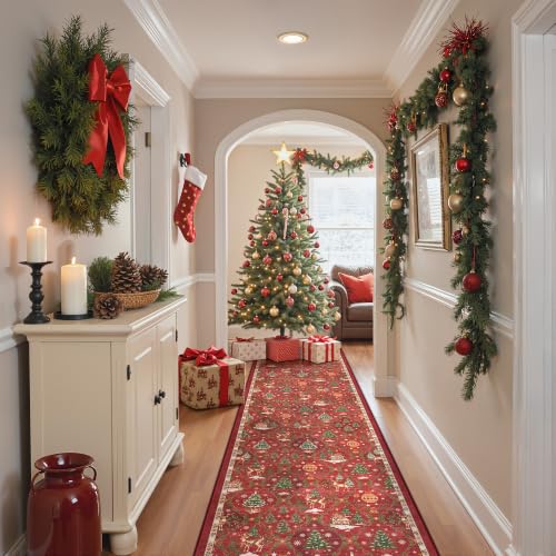 Christmas Hallway Runner Rug 2x8 Washable Non-Slip Red Floor Mat - Variation: Christmas Red / 2' x 8'
