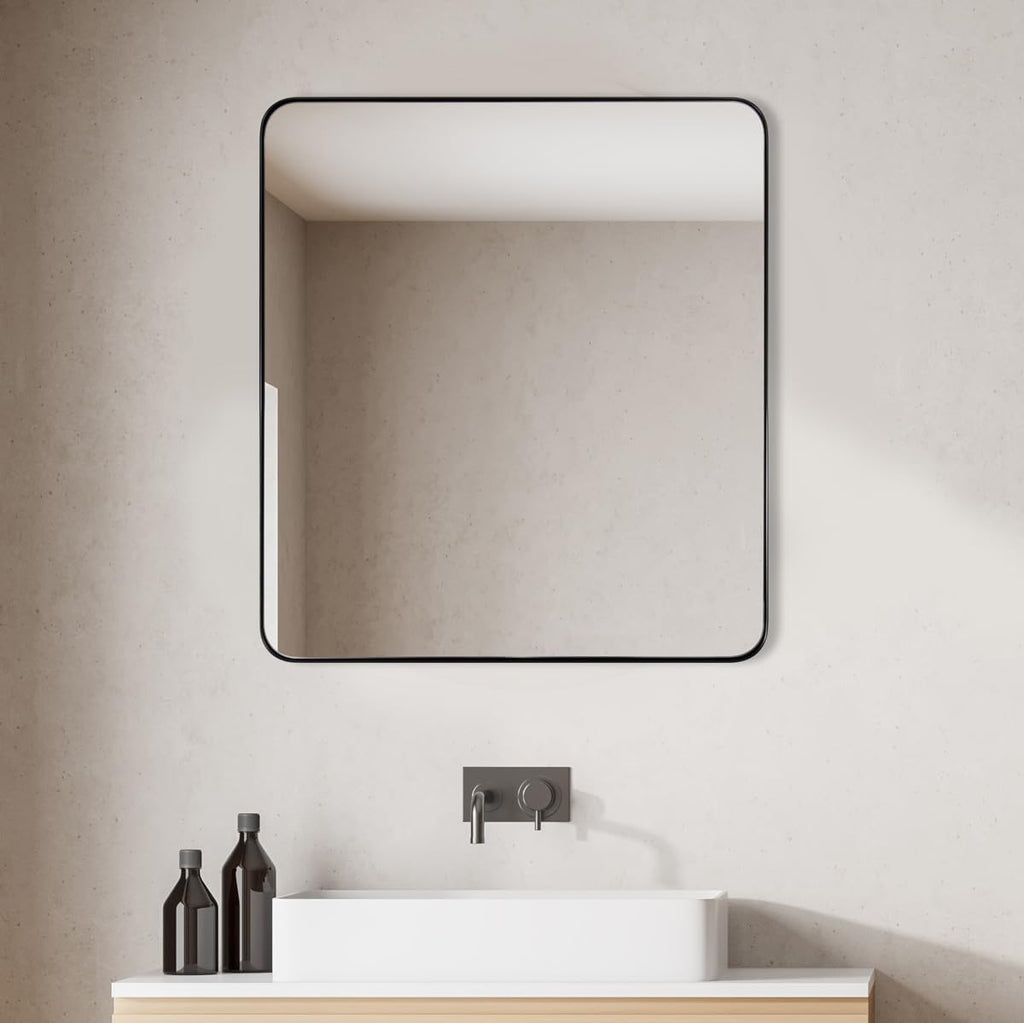 ANDY STAR Square Wall Mirror - 24”x24” Matte Black Metal Mirror with Rounded Corners | Premium Stainless Steel Frame