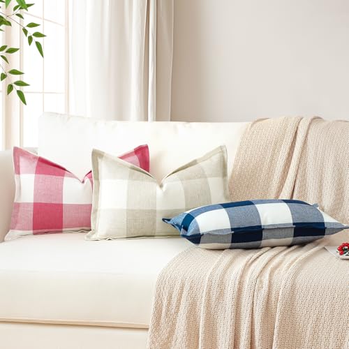 OTOSTAR Gingham Buffalo Check Linen Throw Pillow Covers 12x20, Blue (2 Pack)