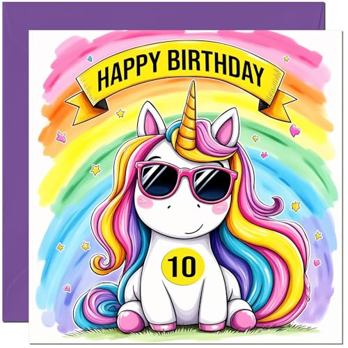 Rainbow Unicorn Birthday Card for 10-Year-Old Girls