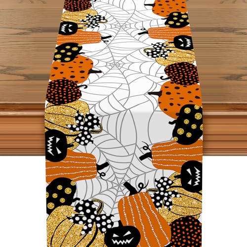 Halloween Pumpkin Cobweb Table Runner - 13x72 Inch Spooky Decor