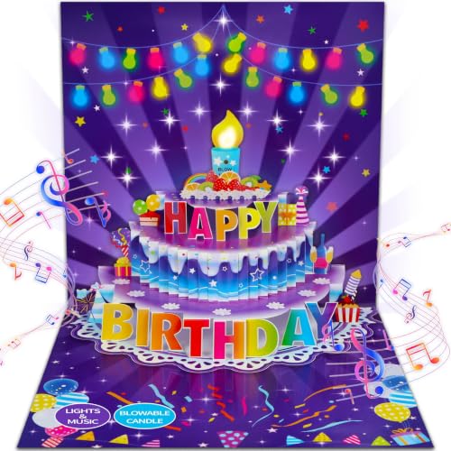 FaCraft Pop Up Musical Birthday Card - Amethyst Purple, LED Light & Sound