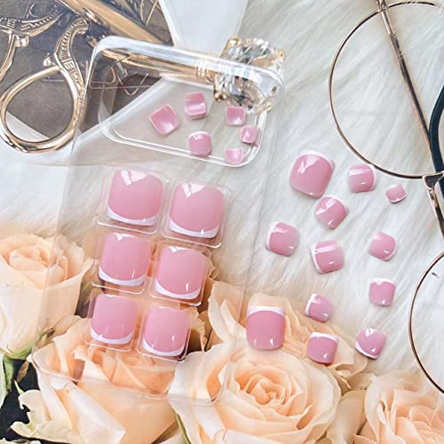 Short Pink Press On Toenails White French Tips Square False Toe Nails