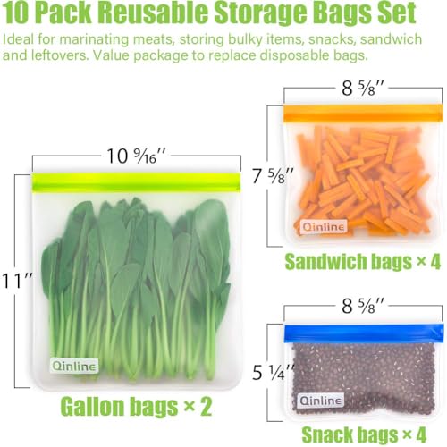 Qinline 10-Pack Reusable Food Storage Bags - Leakproof PEVA Freezer Bags