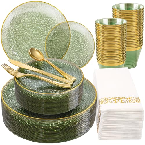 Sage Green Plastic Dinnerware Set for 25 Guests - 175 Pieces, Gold Rim & Hammer Pattern