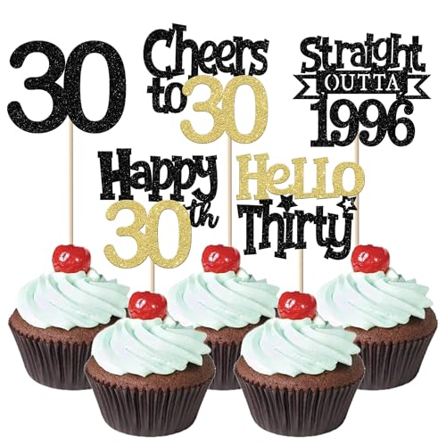 30 Pack Happy 30th Birthday Cupcake Toppers – Glitter Decorations