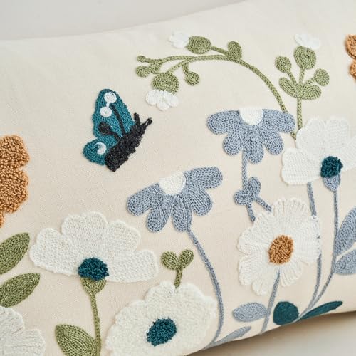Floral Embroidered Throw Pillow Cover 12x20 Inch - Blue Flowers