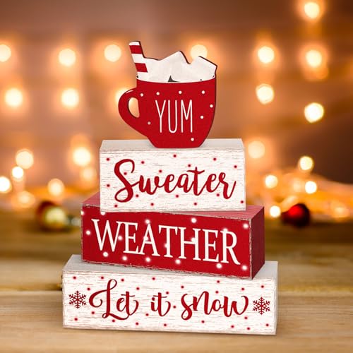 Red Winter Christmas Block Signs Set - 4 Pcs Tabletop Decor with Rustic Farmhouse Charm (Variation: White, Red)
