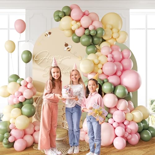 146pcs Pink and Yellow Balloon Garland Arch Kit with Sage Green Balloons